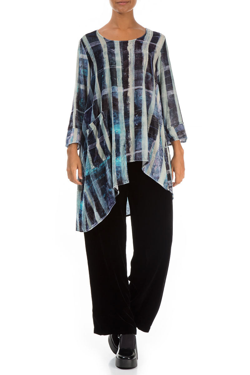 Asymmetric Blue Lines Stretchy Silk Velvet Tunic
