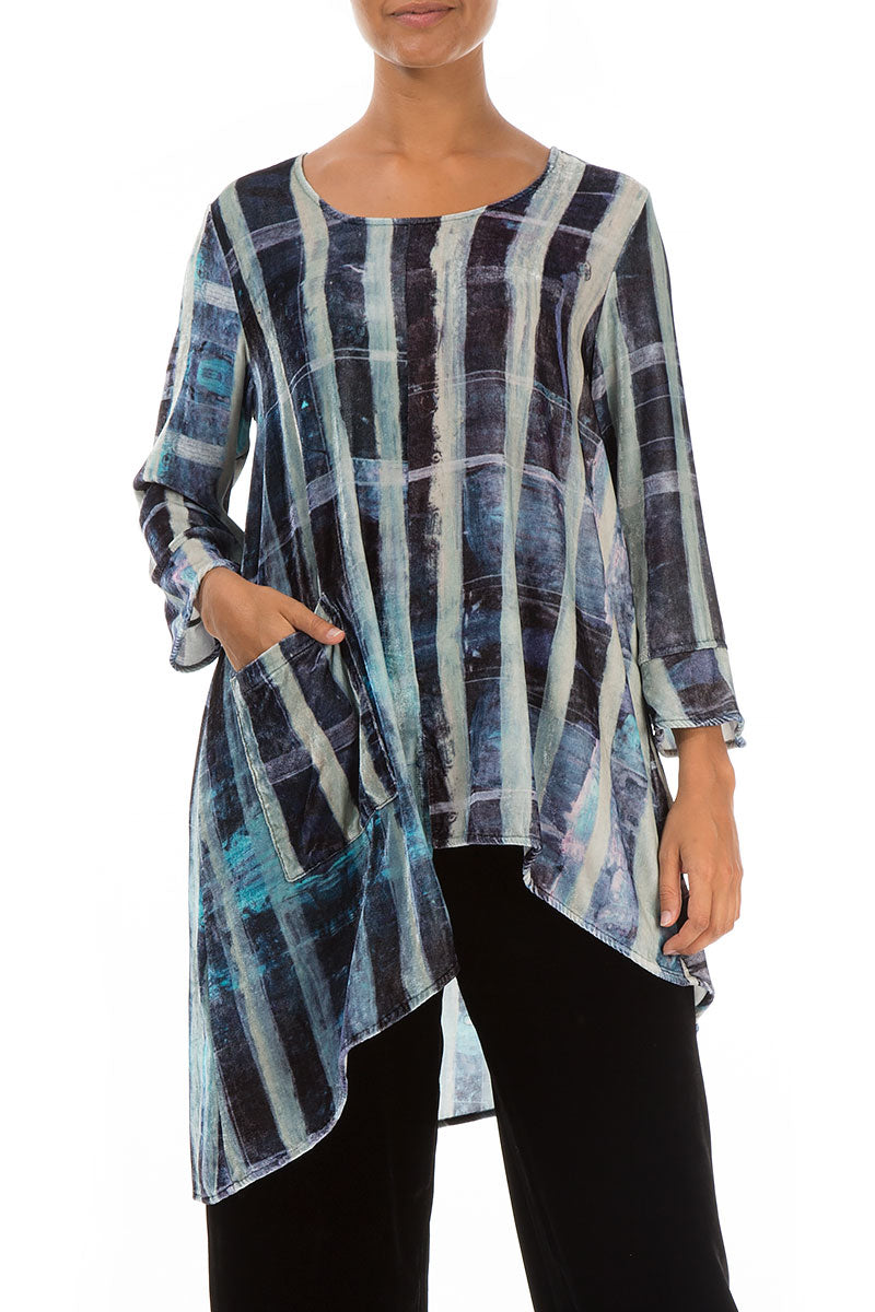 Asymmetric Blue Lines Stretchy Silk Velvet Tunic