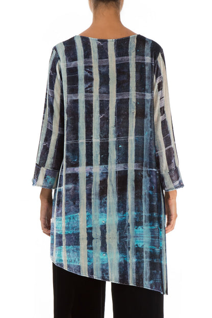 Asymmetric Blue Lines Stretchy Silk Velvet Tunic
