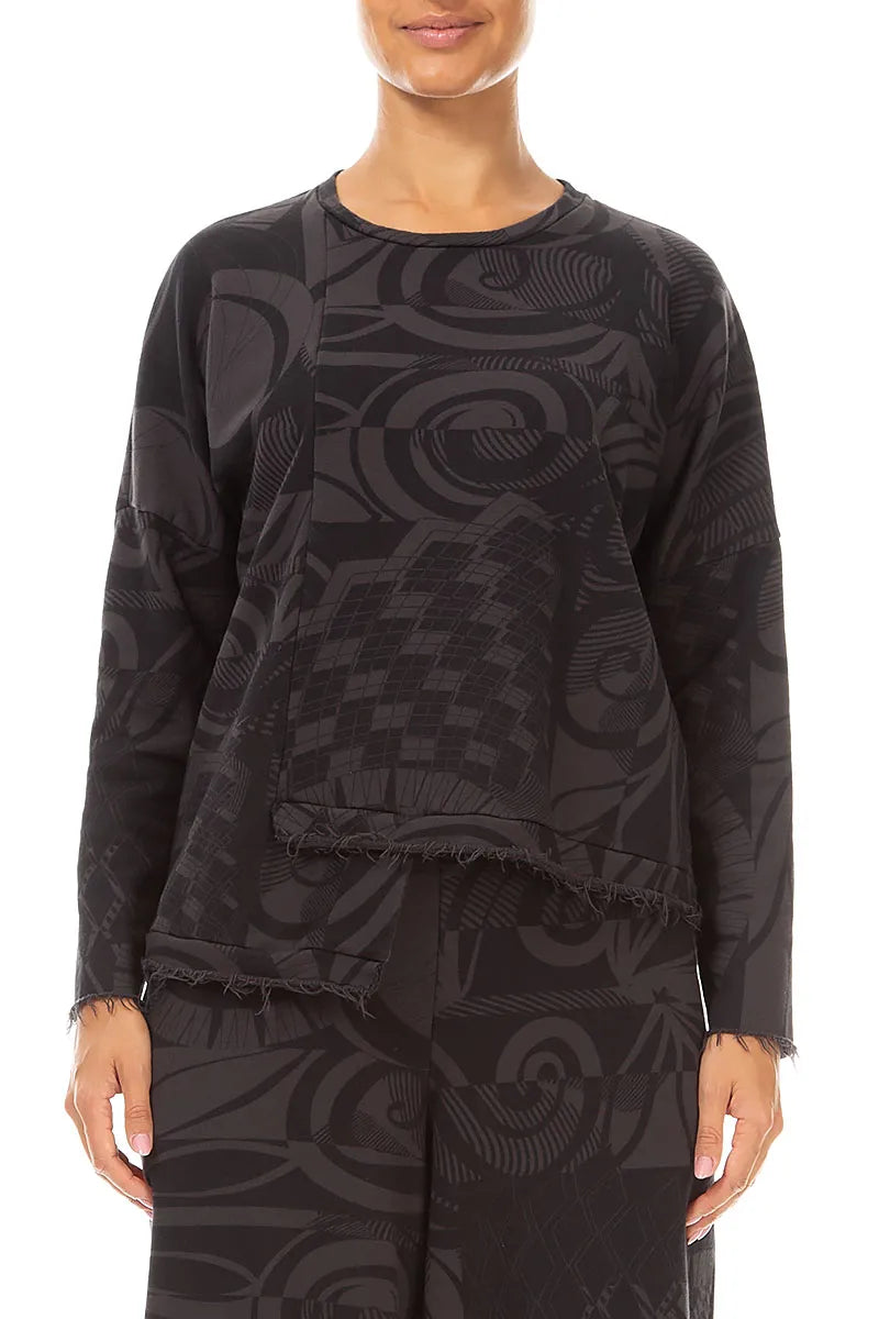 Asymmetric Charcoal Orbit French Terry Cotton Blouse