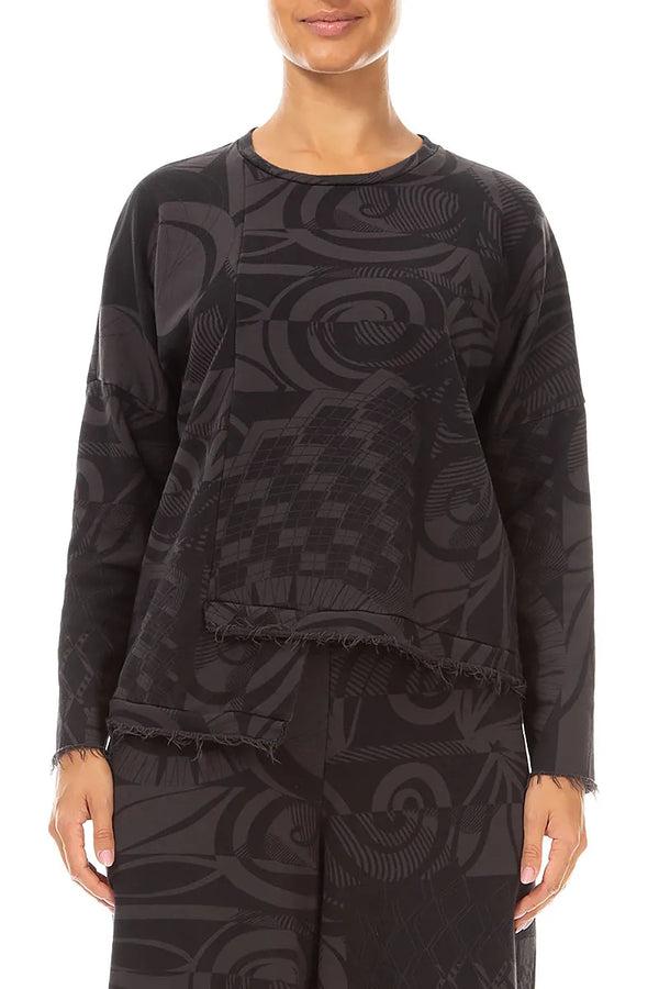 Asymmetric Charcoal Orbit French Terry Cotton Blouse