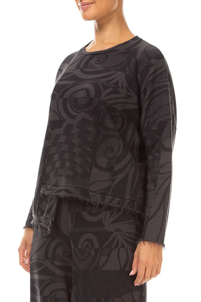 Asymmetric Charcoal Orbit French Terry Cotton Blouse