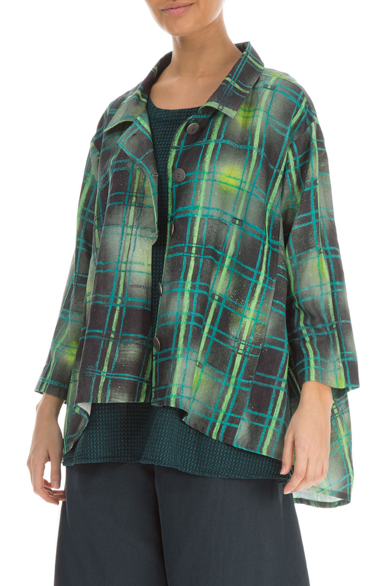 Asymmetric Closure Emerald Grid Silk Linen Jacket