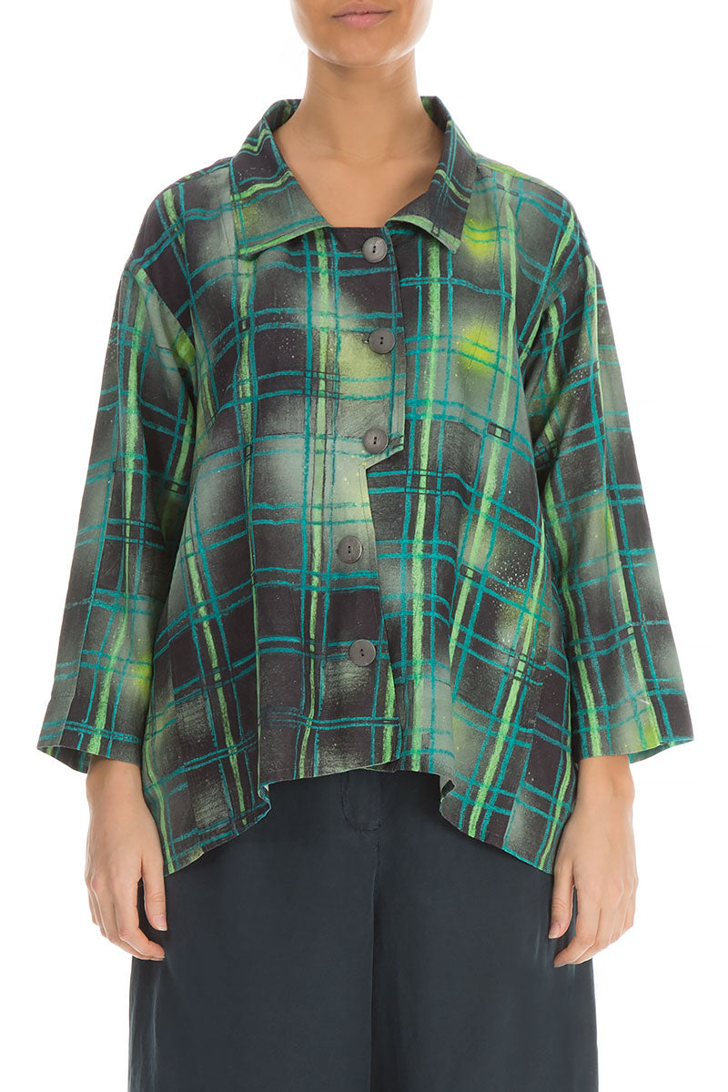 Asymmetric Closure Emerald Grid Silk Linen Jacket