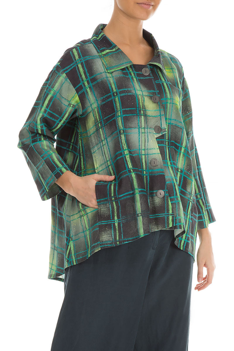Asymmetric Closure Emerald Grid Silk Linen Jacket