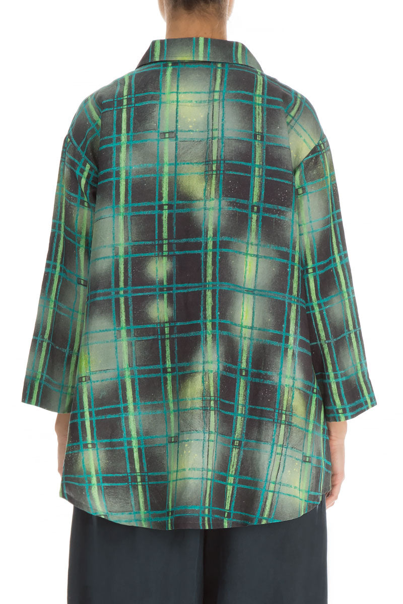Asymmetric Closure Emerald Grid Silk Linen Jacket