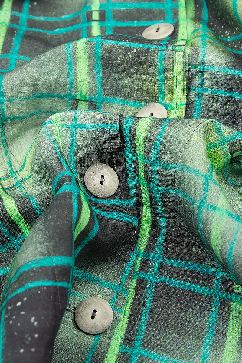 Asymmetric Closure Emerald Grid Silk Linen Jacket