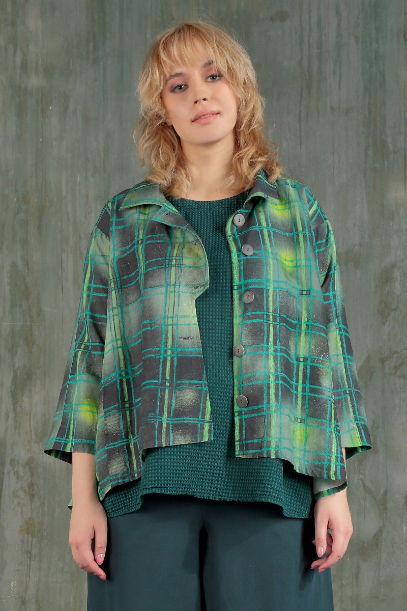 Asymmetric Closure Emerald Grid Silk Linen Jacket