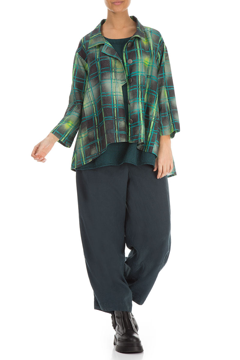 Asymmetric Closure Emerald Grid Silk Linen Jacket