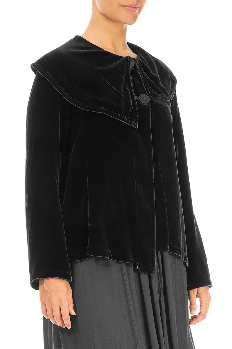 Asymmetric Collar Black Silk Velvet Jacket 3