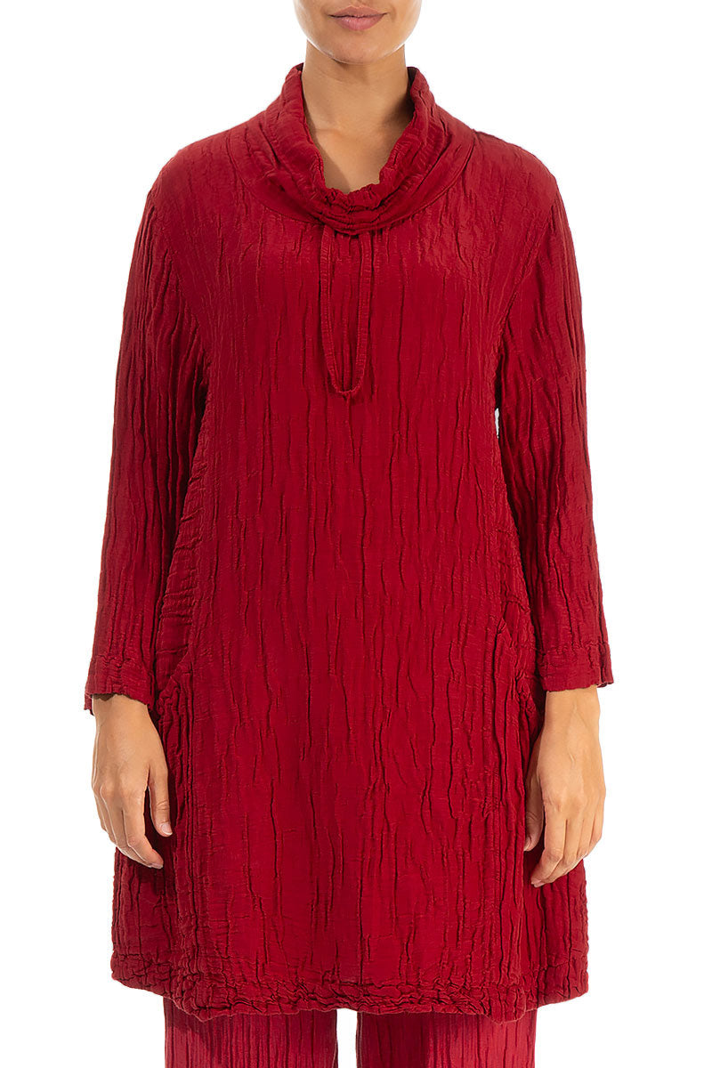 Asymmetric Cowl Neck Crinkled Red Silk Linen Tunic 1