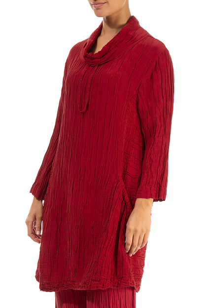 Asymmetric Cowl Neck Crinkled Red Silk Linen Tunic 3