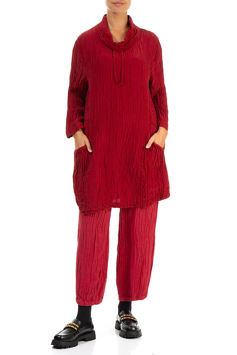 Asymmetric Cowl Neck Crinkled Red Silk Linen Tunic 4