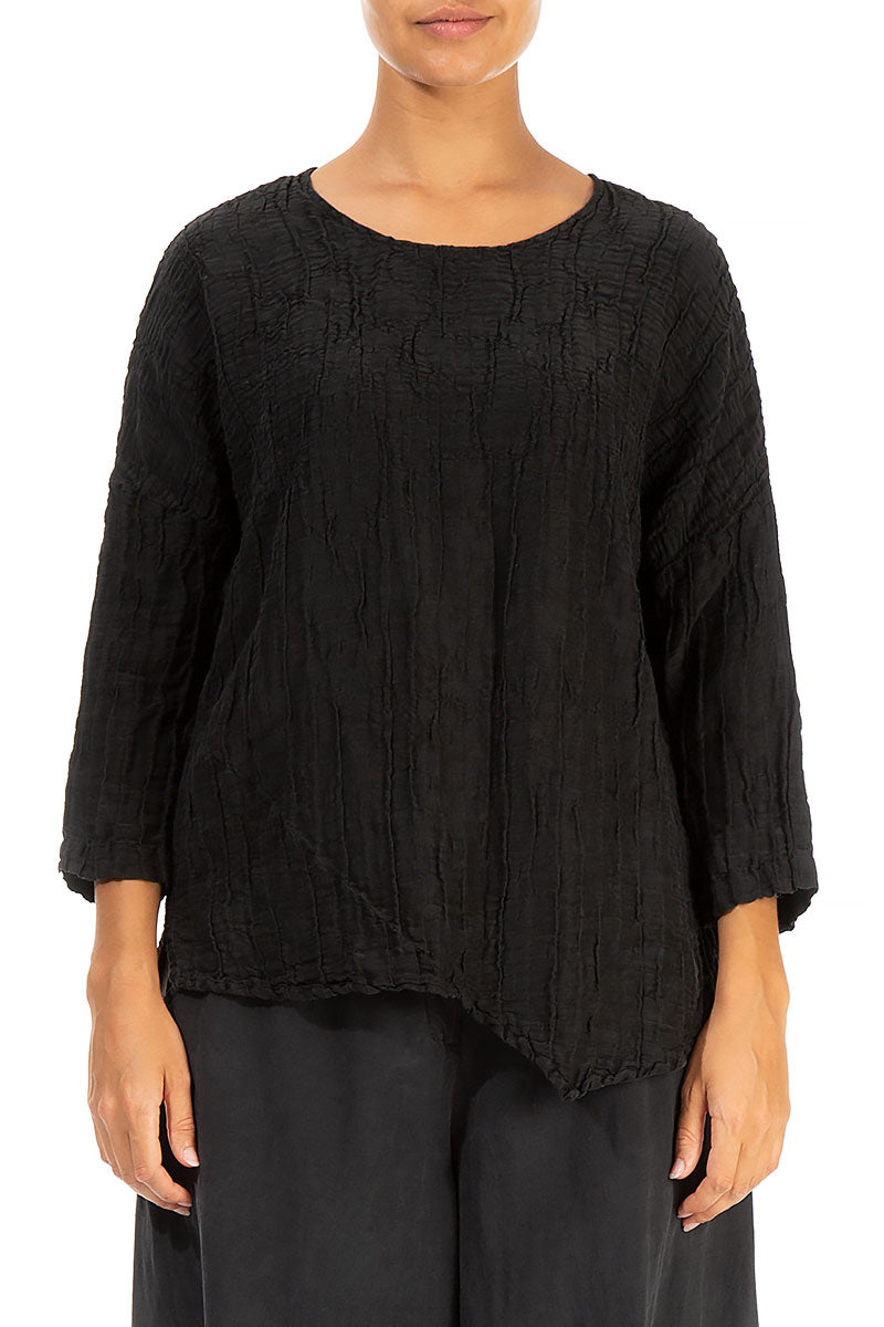 Asymmetric Crinkled Black Silk Blouse 1