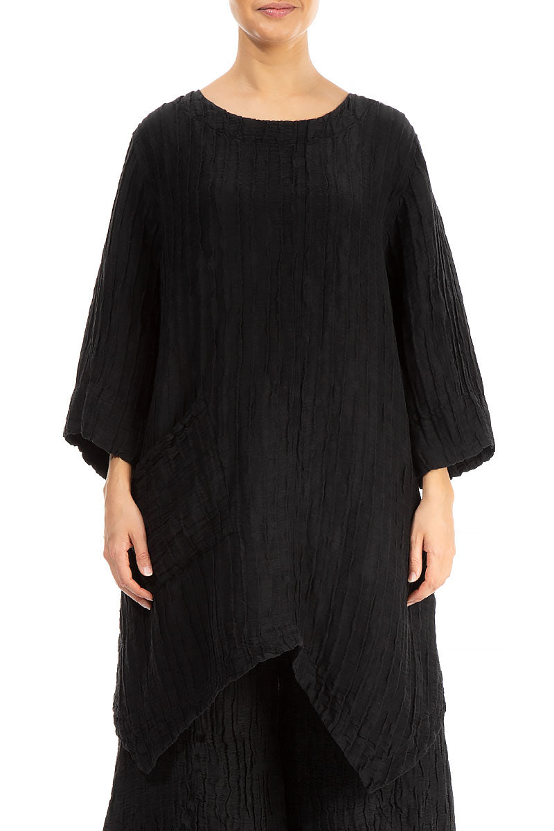 Asymmetric Crinkled Black Silk Linen Tunic
