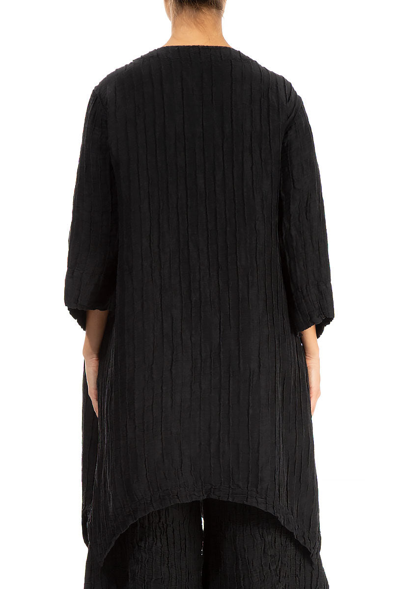 Asymmetric Crinkled Black Silk Linen Tunic