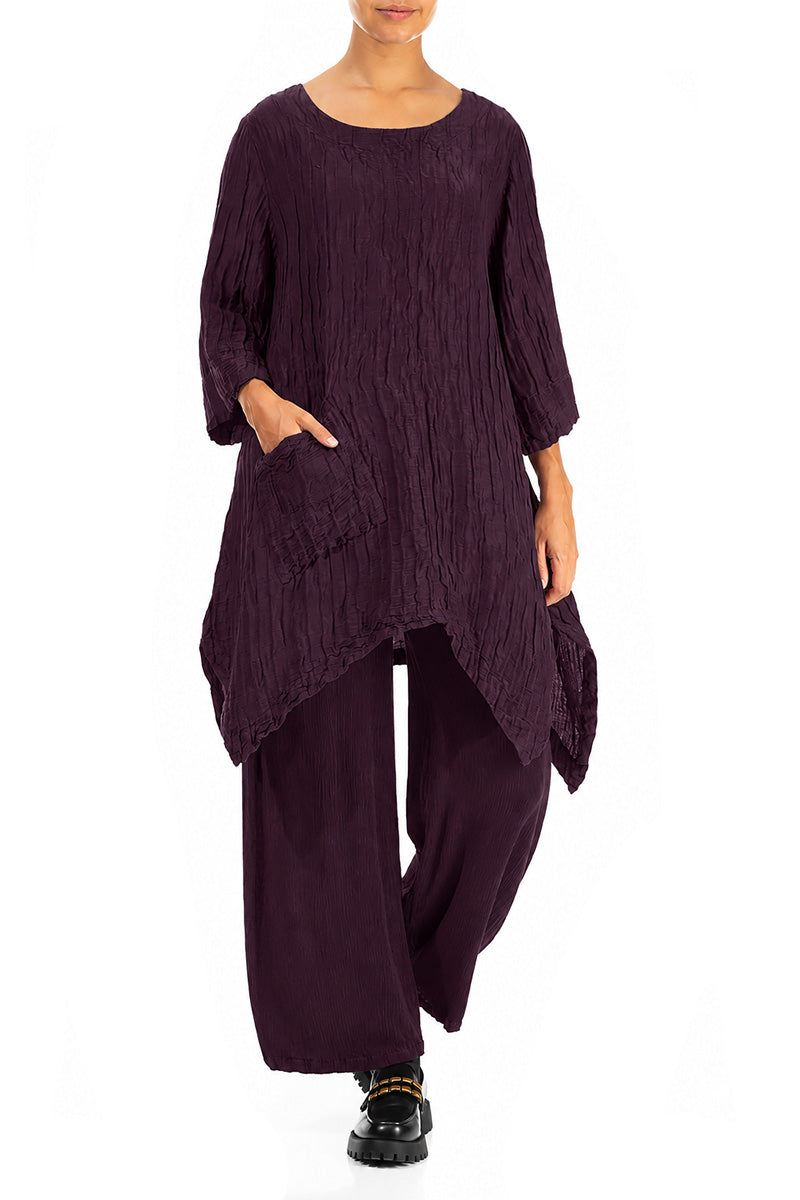 Asymmetric Crinkled Deep Plum Silk Linen Tunic 4