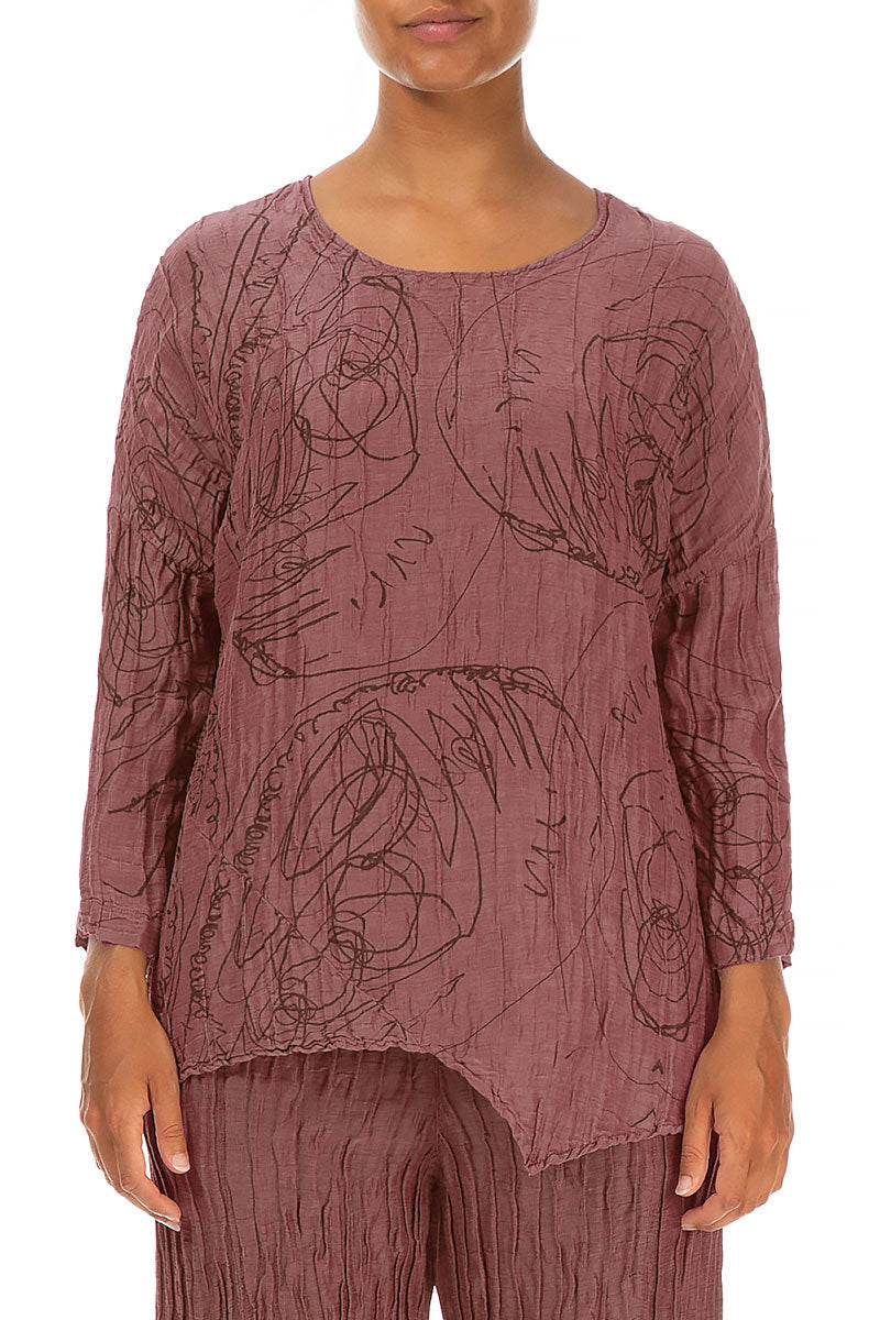 Asymmetric Crinkled Dusty Rose Abstract Draw Silk Blouse 1
