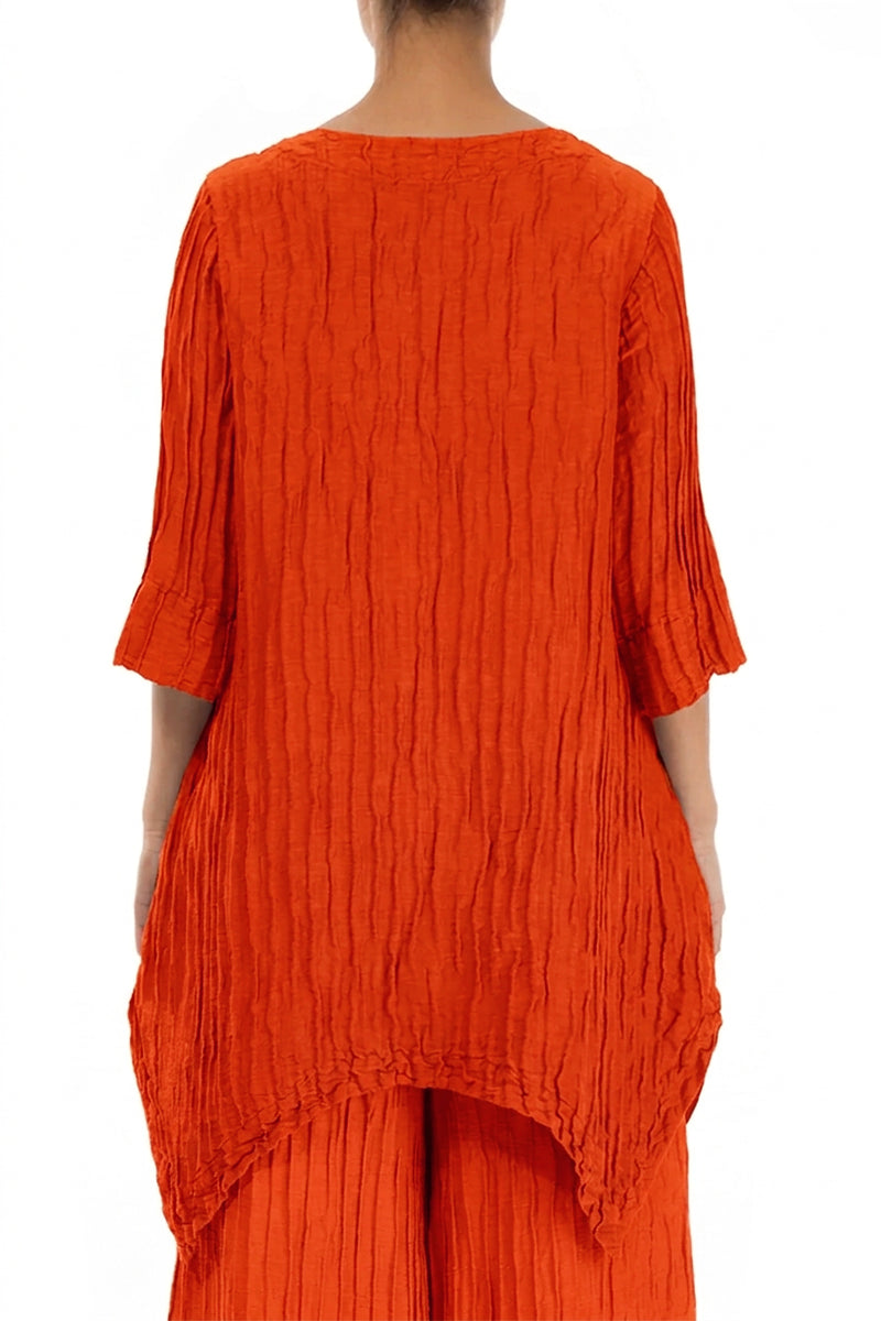 Asymmetric Crinkled Flame Orange Silk Linen Tunic 2