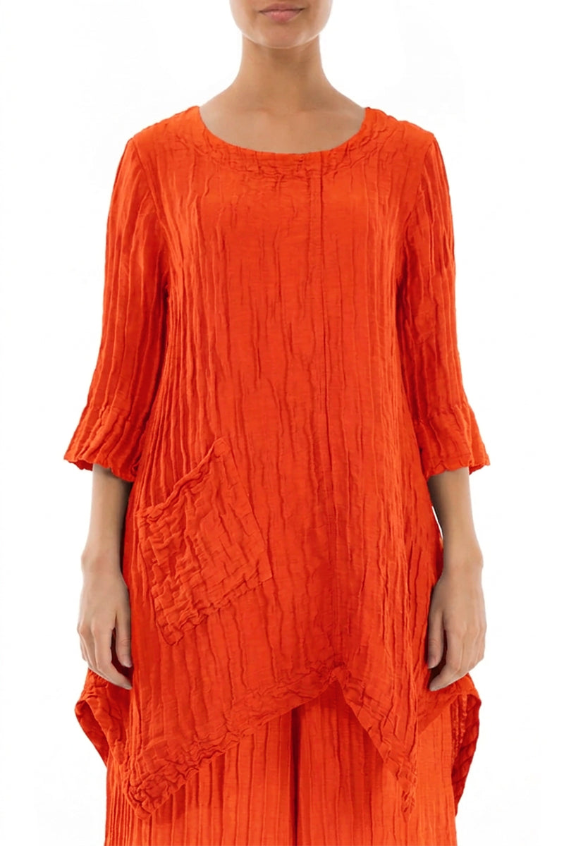 Asymmetric Crinkled Flame Orange Silk Linen Tunic 1