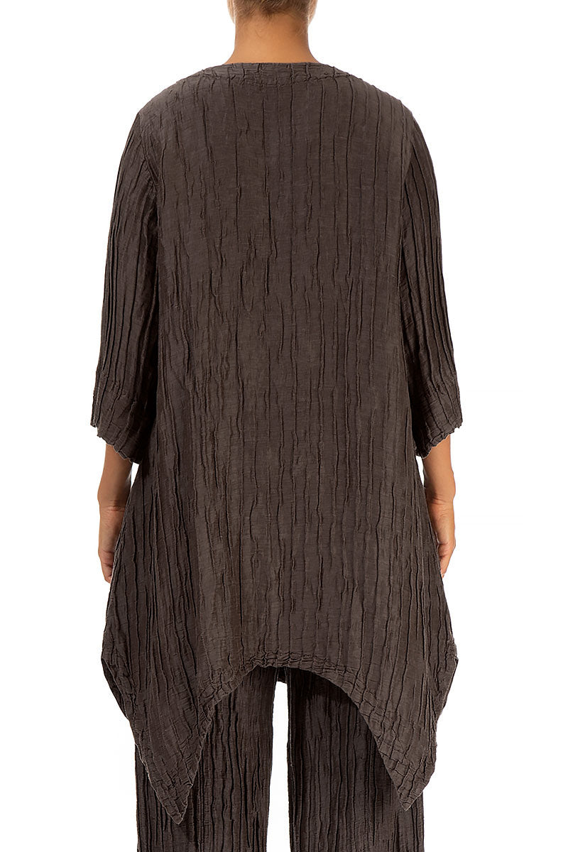 Asymmetric Crinkled Forest Brown Silk Linen Tunic 2