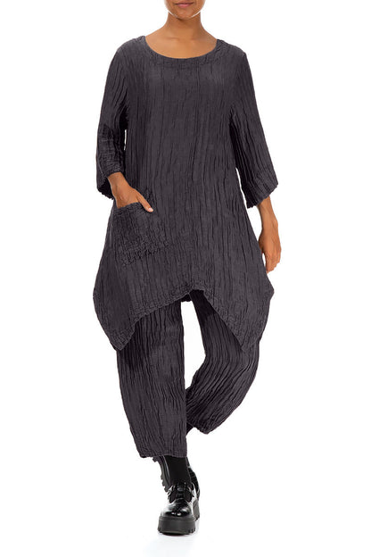 Asymmetric Crinkled Graphite Blue Silk Linen Tunic 4