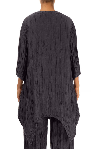 Asymmetric Crinkled Graphite Blue Silk Linen Tunic 2