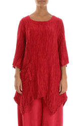 Asymmetric Crinkled Cherry Red Silk Linen Tunic 1