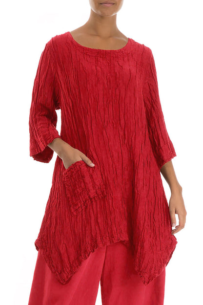 Asymmetric Crinkled Cherry Red Silk Linen Tunic 3