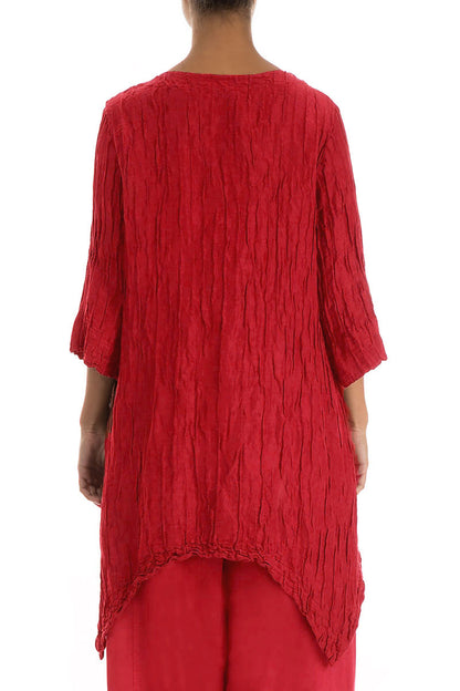Asymmetric Crinkled Cherry Red Silk Linen Tunic 2