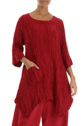 Asymmetric Crinkled Red Silk Linen Tunic 3
