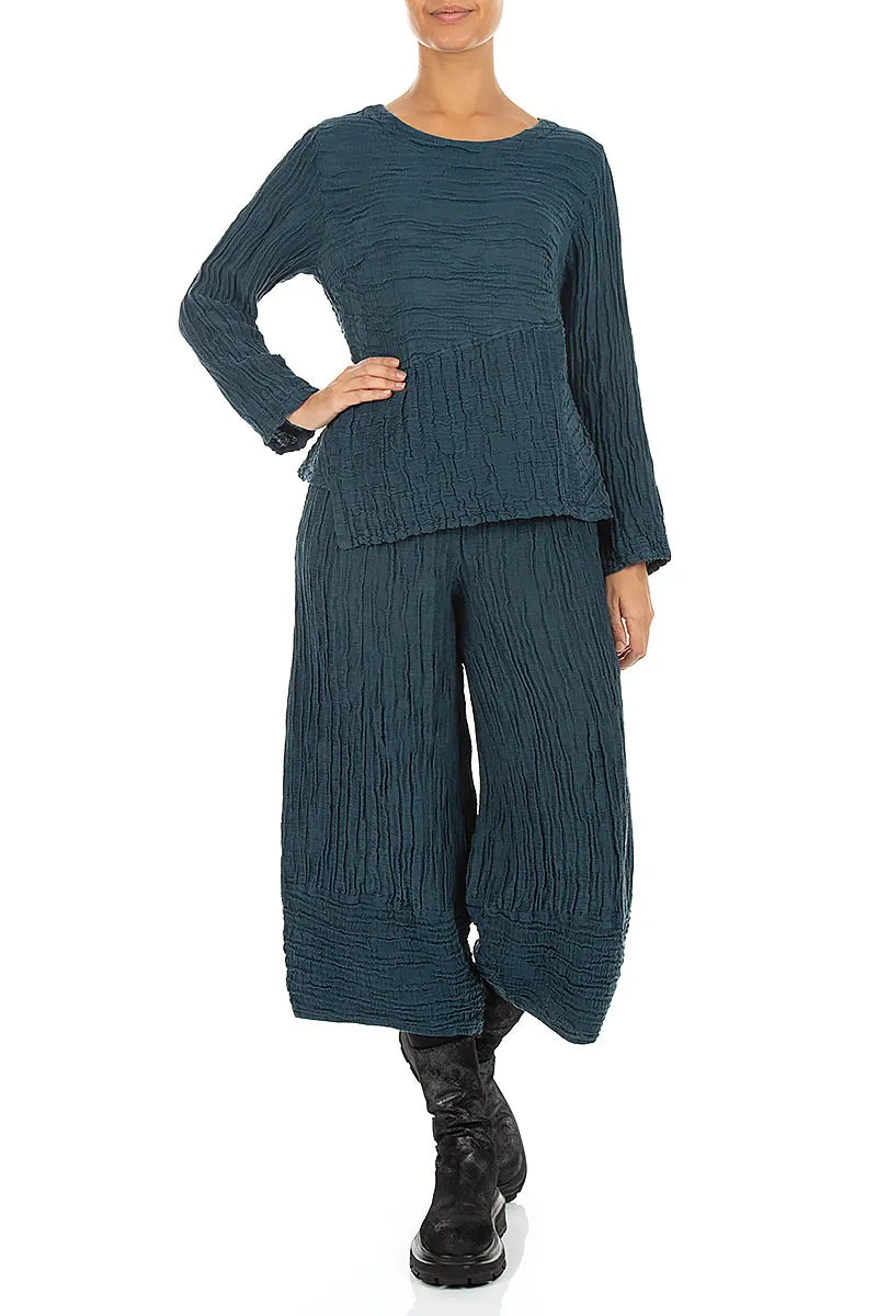 Asymmetric Deep Turquoise Crinkled Silk Linen Blouse 4
