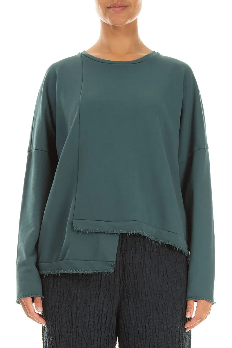 Asymmetrische Dunkeltürkis-Bluse aus French-Terry-Baumwolle