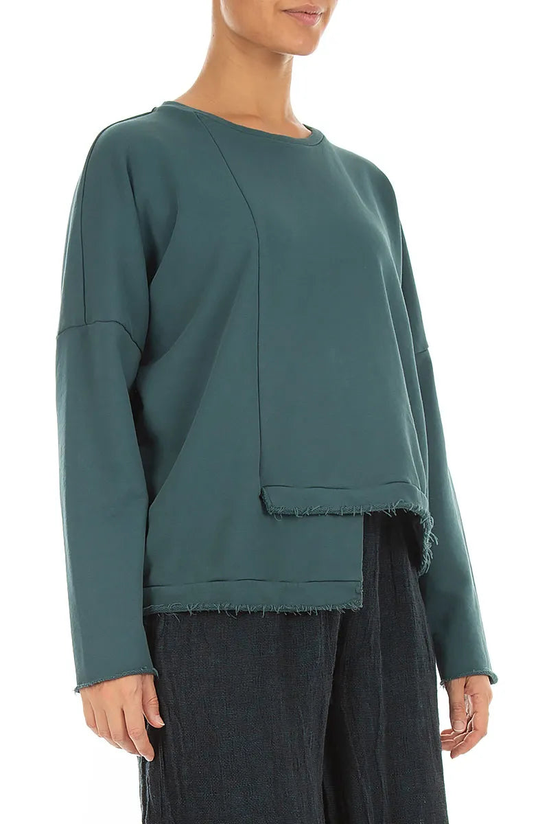 Asymmetric Deep Turquoise French Terry Cotton Blouse 3