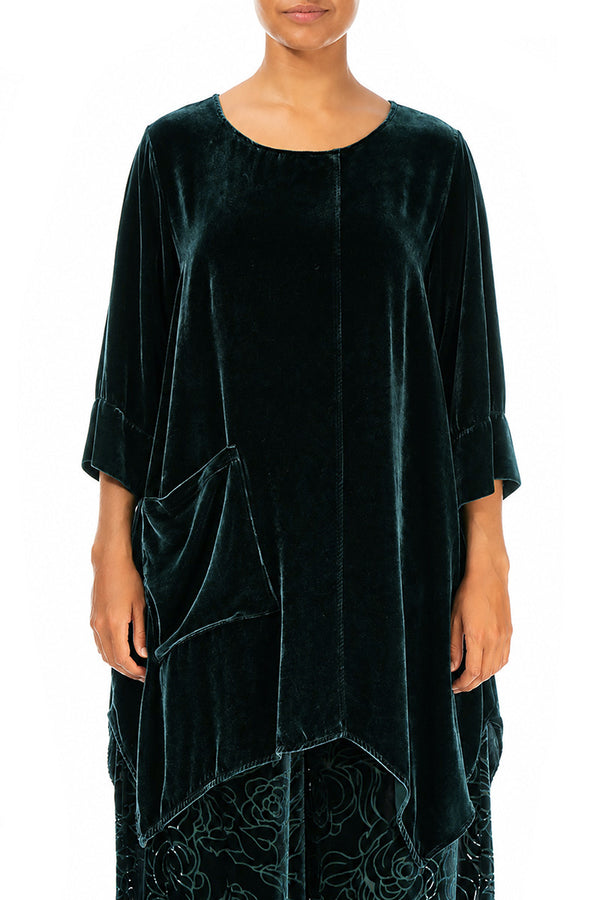 Asymmetric Deep Turquoise Silk Velvet Tunic