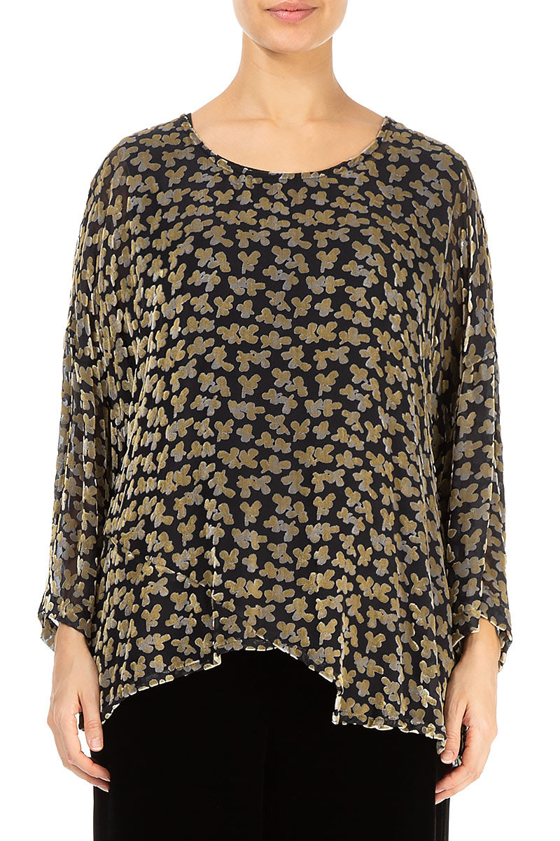 Asymmetric Devoré Petals Gold Silk Velvet Blouse 1