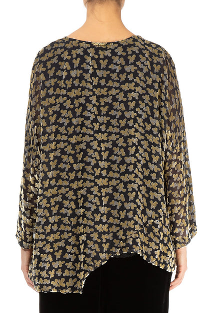 Asymmetric Devoré Petals Gold Silk Velvet Blouse 2