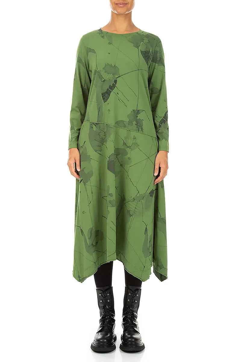Asymmetric Flared Shamrock Green Mirage Cotton Dress 1