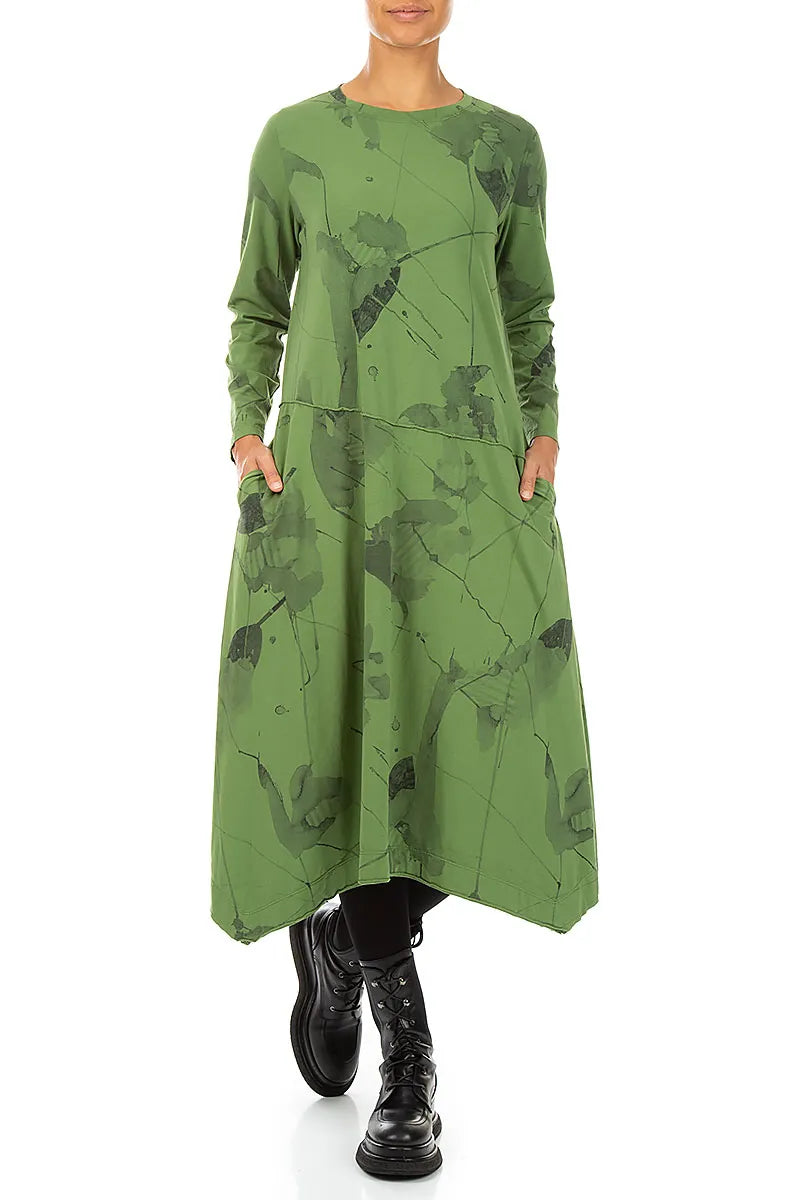 Asymmetric Flared Shamrock Green Mirage Cotton Dress 4
