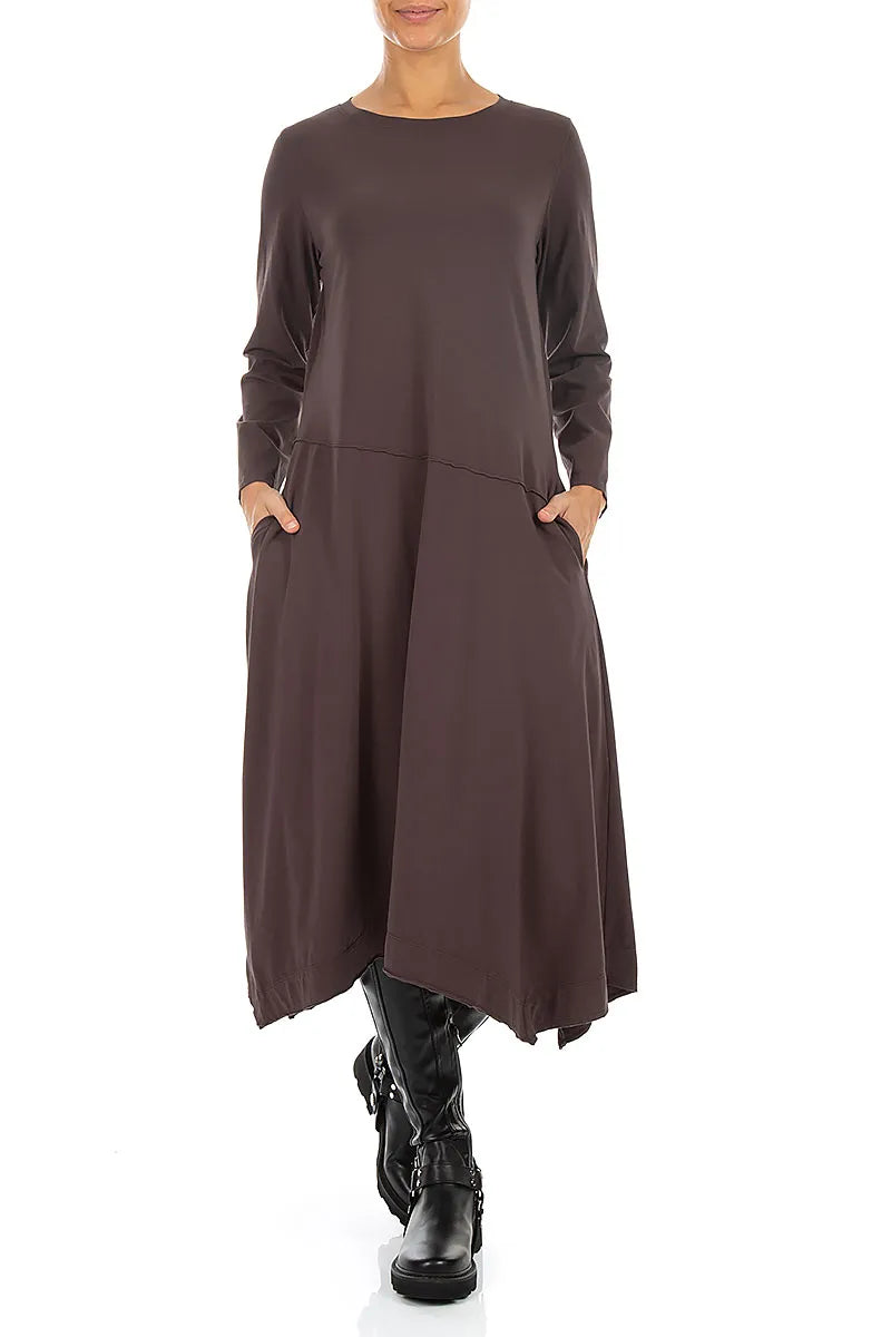Asymmetric Flared Truffle Brown Cotton Dress 4