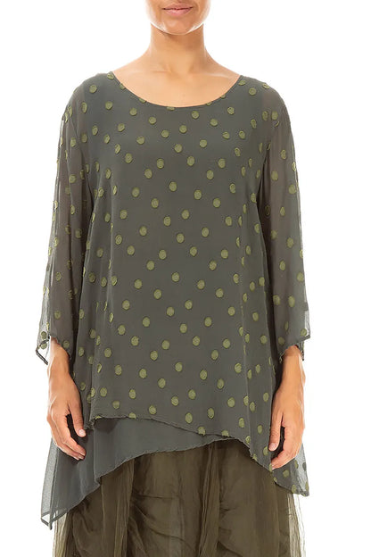 Asymmetric Forest Mist Dotty Silk Blouse 1