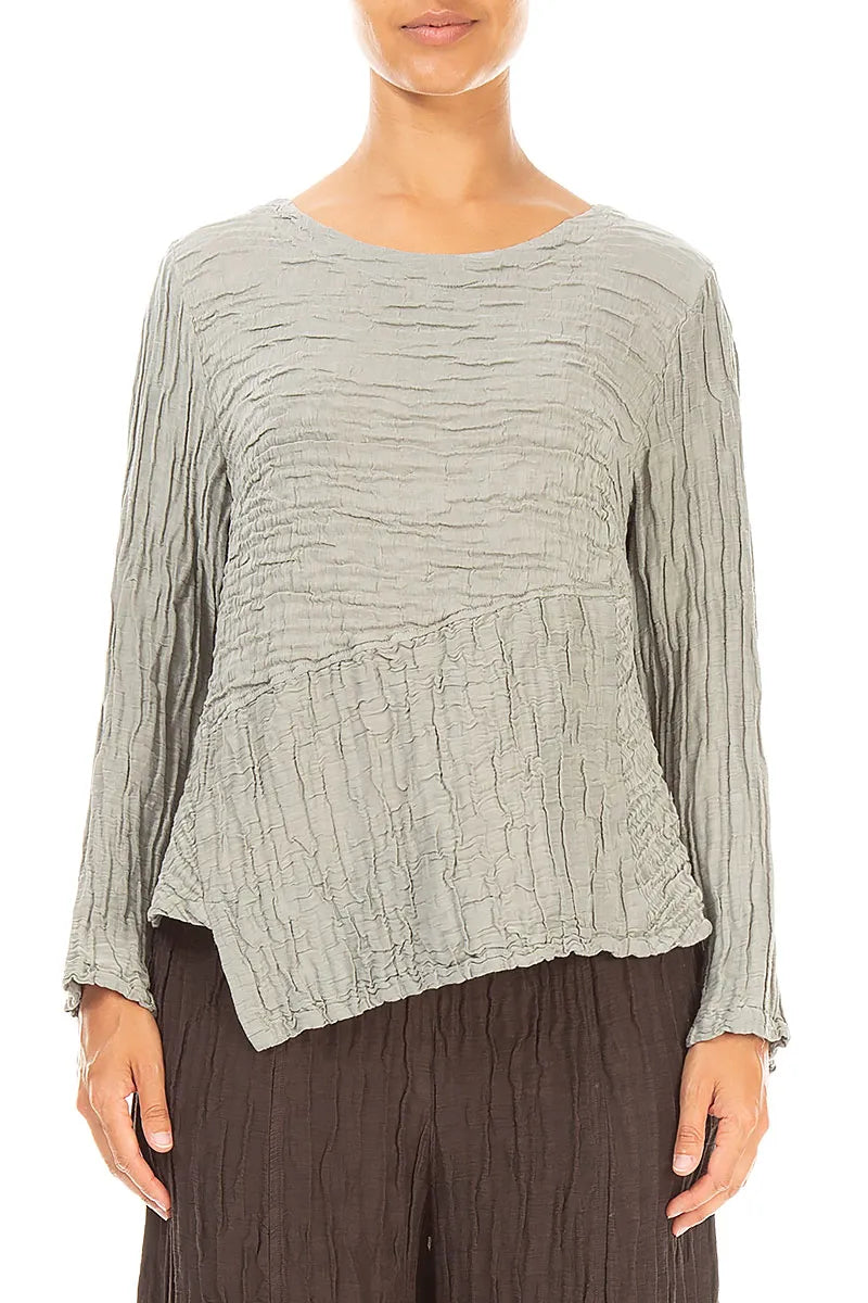 Asymmetric Olive Grey Crinkled Silk Linen Blouse 1