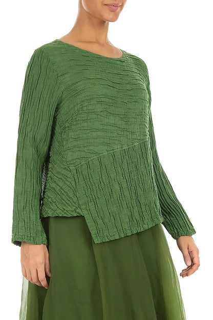 Asymmetric Shamrock Green Crinkled Silk Linen Blouse
