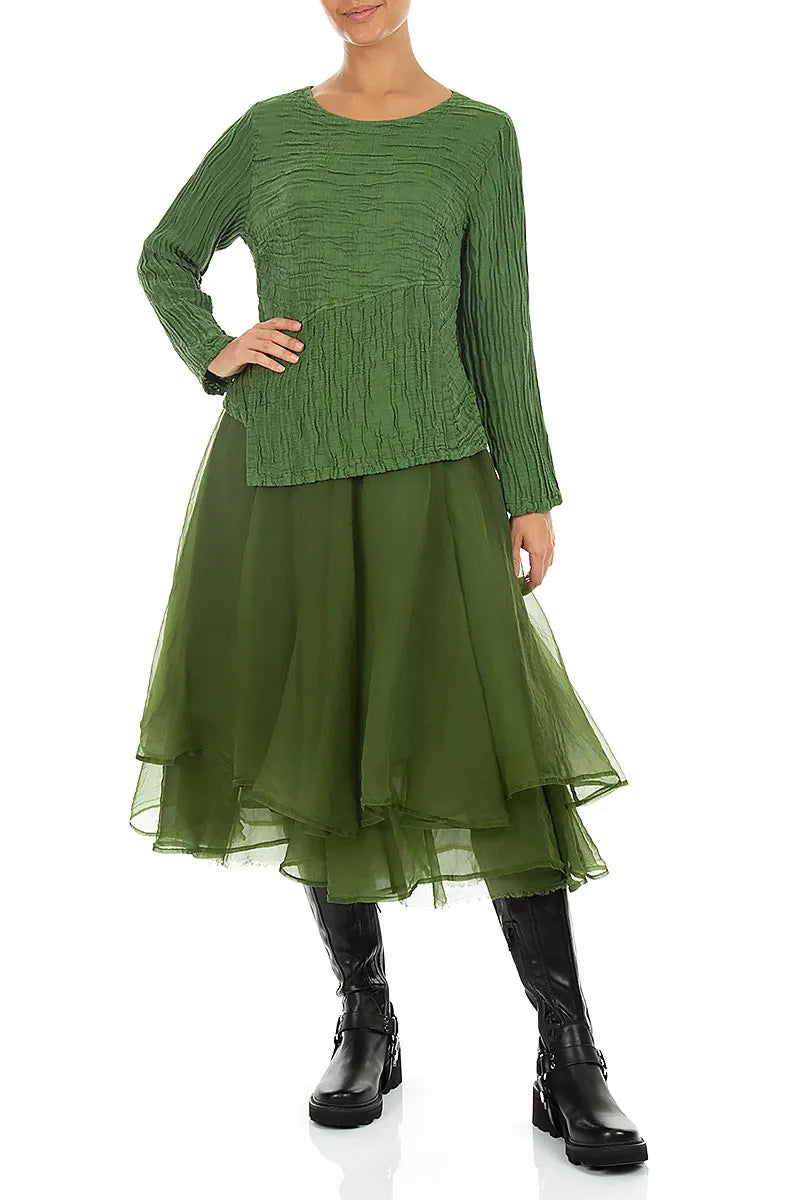 Asymmetric Shamrock Green Crinkled Silk Linen Blouse
