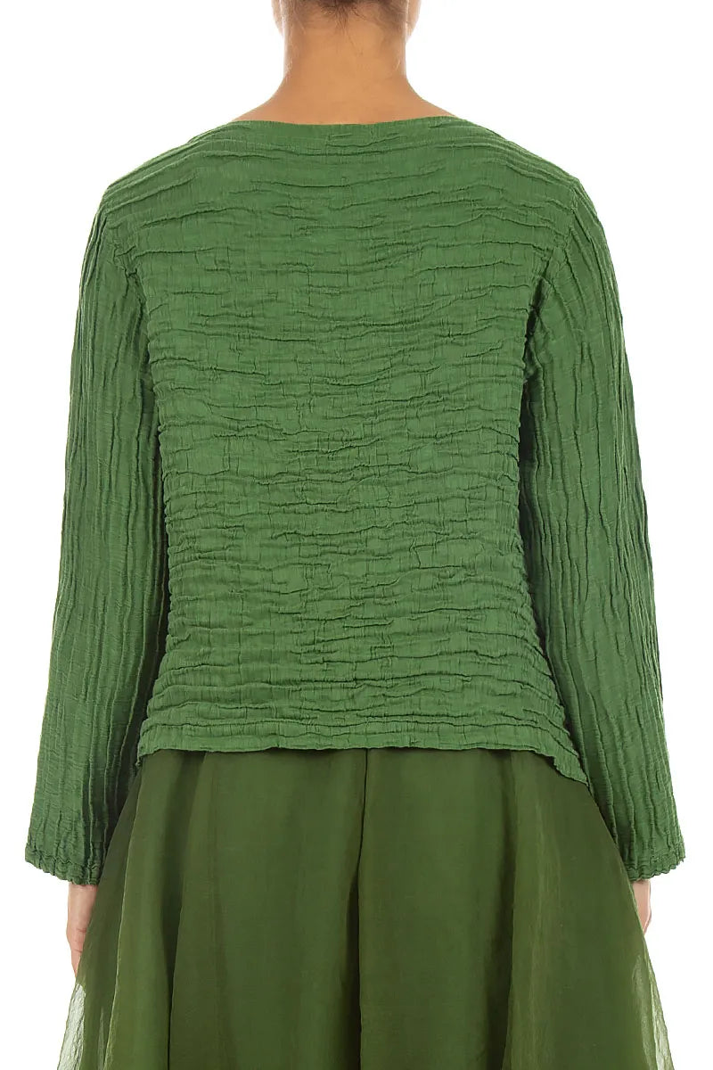 Asymmetric Shamrock Green Crinkled Silk Linen Blouse