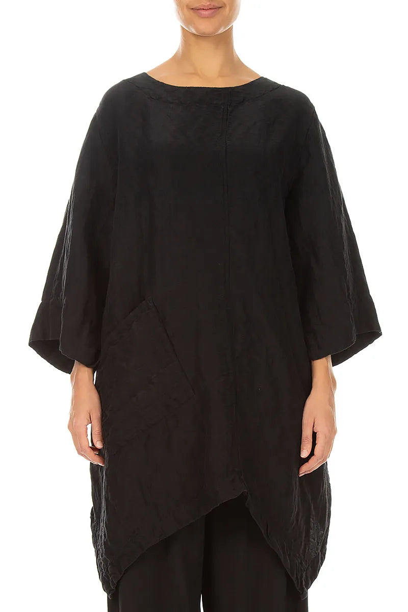 Asymmetric Textured Black Silk Linen Tunic 1