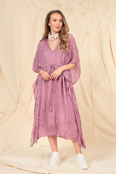 Asymmetric V-Neck Mauve Taupe Textured Silk Dress 6