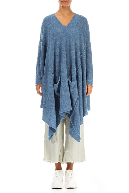 Asymmetric V-Neck Petrol Blue Wool Jumper 1