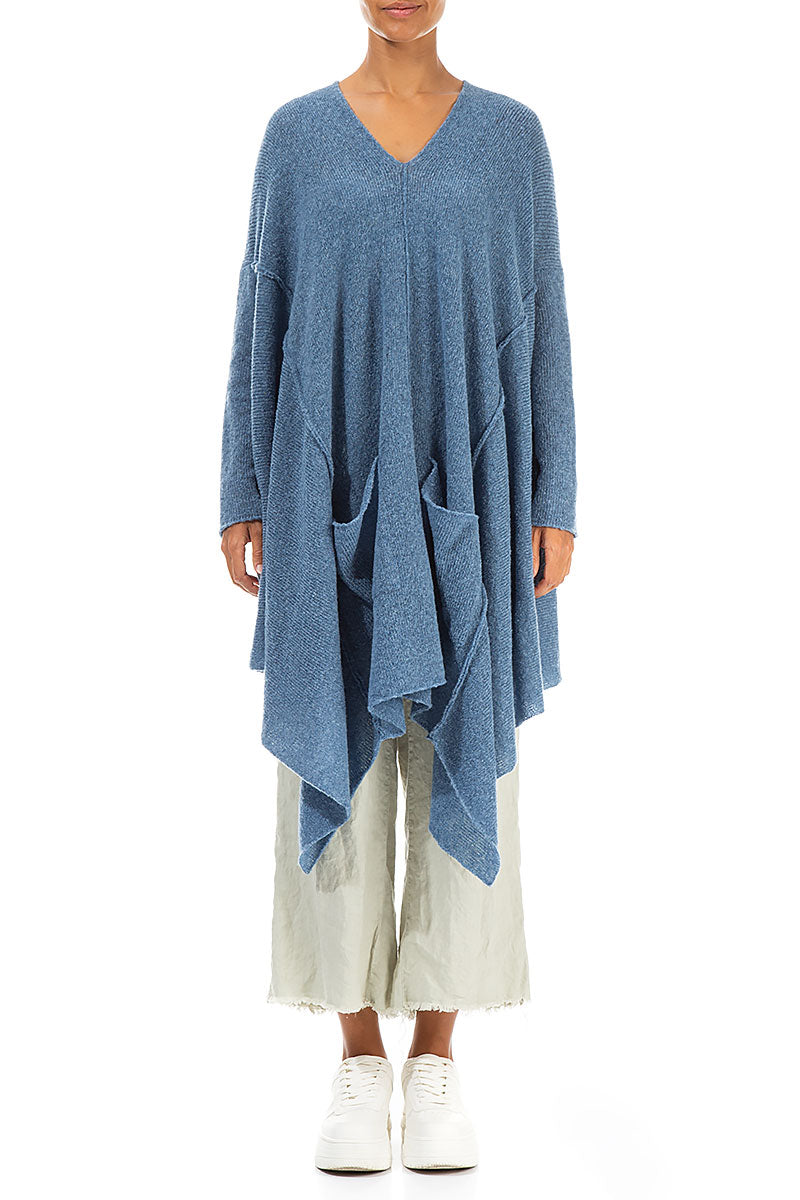 Asymmetrischer Wollpullover mit V-Ausschnitt in Petrolblau