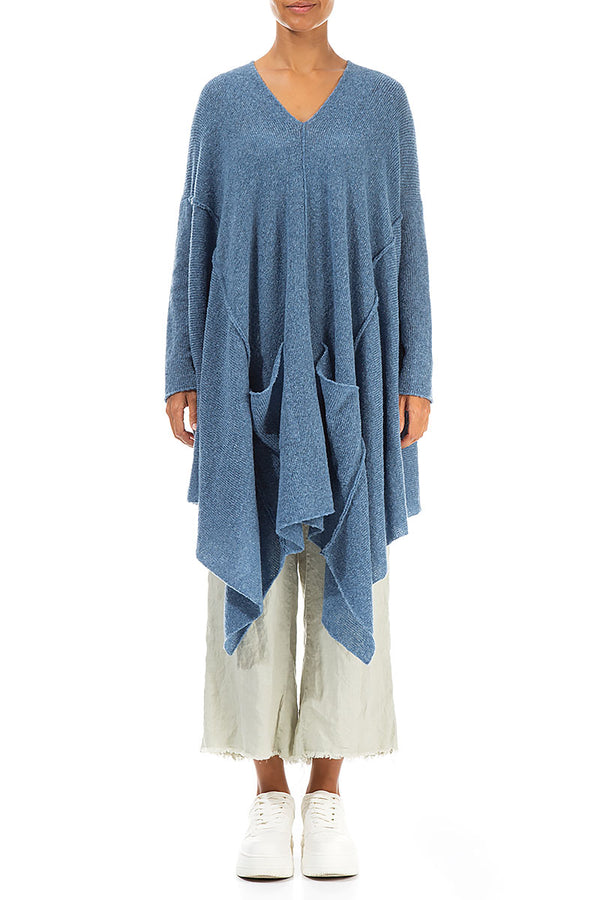 Pull asymétrique en laine bleu pétrole à col en V